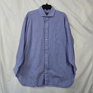 Robert Talbott Nordstrom Men Blue White Stripe Button Career Shirt 17 1/2 34 Vtg